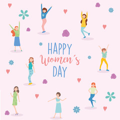 Fototapeta na wymiar Happy womens day girls cartoons flowers and hearts vector design