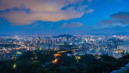 view of seoul City , south korea, showing landmark Seoul tower in the financial district at     night 