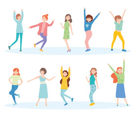 Fototapeta na wymiar icon set of happy women dancing, colorful design