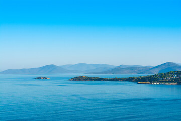 Beautiful Mediterranean landscape with Aegean sea and green hills