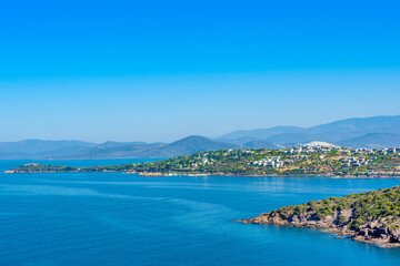 Fototapeta na wymiar Beautiful Mediterranean landscape with Aegean sea and green hills