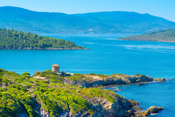Beautiful Mediterranean landscape with Aegean sea and green hills