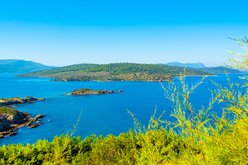 Fototapeta premium Beautiful Mediterranean landscape with Aegean sea and green hills