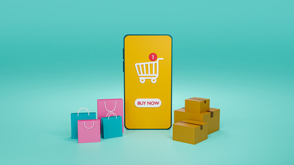 Illustration smartphone,shopping bag and box with concept online shopping 3D rendering.