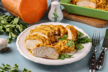 Baked chicken fillet with pumpkin sauce. Delicious and healthy snack. Healthy food concept.