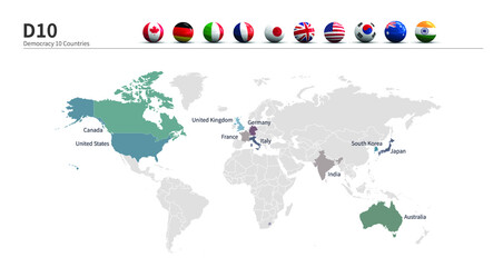 Map and Flag of Democracy ten countries. D10 countries infographic.