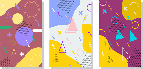 Obraz premium Memphis geometric background with abstract shapes. Graphic pattern, texture for poster, card, social media covers. Vector.