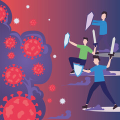 covid 19 virus fight and men with shields and swords vector design