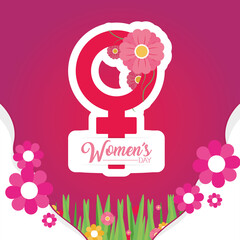 Womens day with pink flowers on female gender vector design