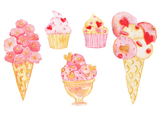 Watercolor illustration for Valentine's Day. Sweets, cupcakes and ice cream in waffle cups. Isolated on white.
