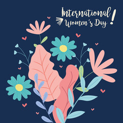 international womens day design with beautiful flowers and leaves, colorful design