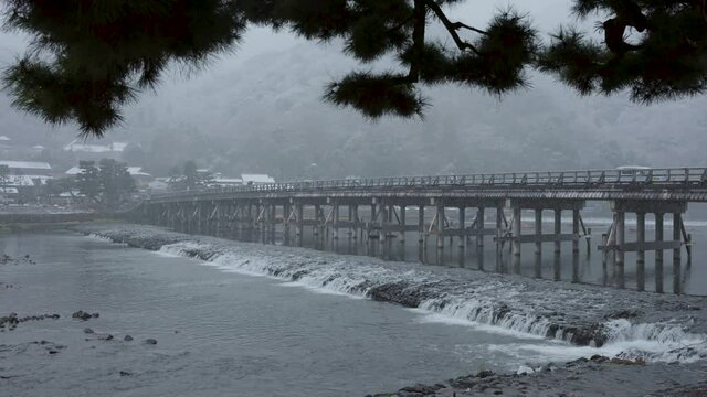 Japan Winter Scene, Togetsu-kyo Bridge after snow in Arashiyama