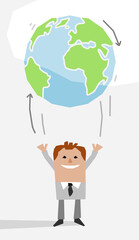 Cartoon Businessman throwing up the Earth like a Balloon