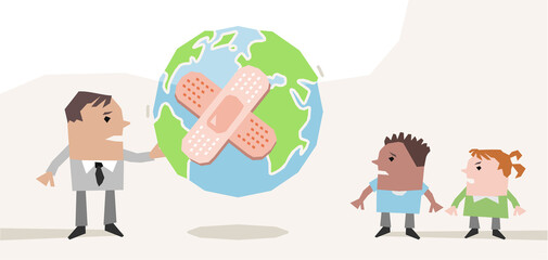 cartoon man giving a sick planet to his children