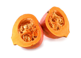 two halves of bright orange pumpkin with pulp,  seeds  and peel close-up isolated on white background 
