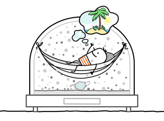 Cartoon Man in a Hammock, Contained in a Snow-Dome, dreaming of an exotic island