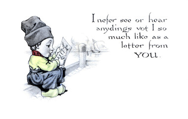 Letter from you, Little Dutch Child reading Illustration, restored old antique postcard. Vintage drawing circa 1900