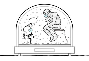 Cartoon man with Protection Mask, Contained in a Snow-Dome, meeting the Rodin's Thinker