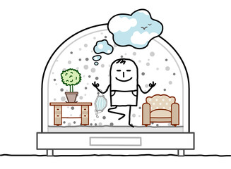 Cartoon Yoga man, Contained in a Snow-Dome, with his Living-room, dreaming of fresh Air
