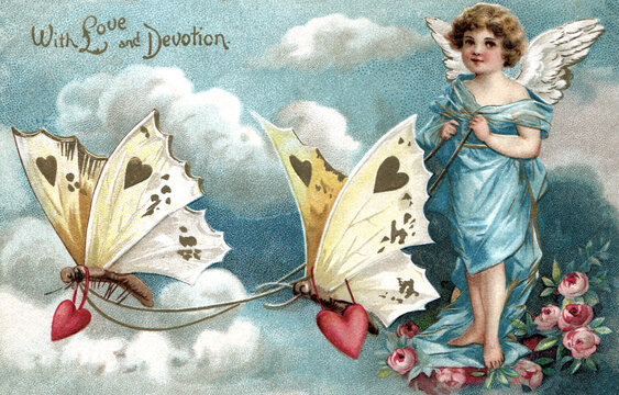 Valentine angel with butterflies carrying hearts, devotion Illustration, restored old antique postcard. Vintage drawing circa 1900