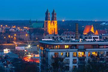 Aerial view of Poznan with Poznan Cathedral at sunset, Poland