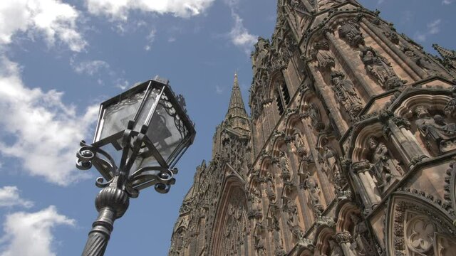 Lichfield Cathedral on sunny day in summer, Lichfield, Staffordshire, England, United Kingdom, Europe