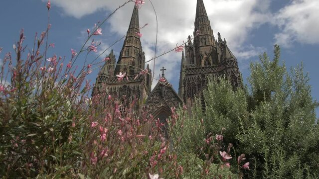 Lichfield Cathedral on sunny day in summer, Lichfield, Staffordshire, England, United Kingdom, Europe