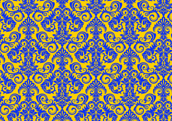 Blue yellow Damask seamless pattern background