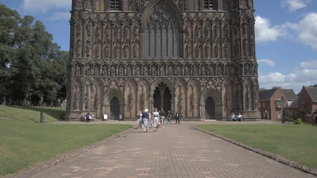 Lichfield Cathedral on sunny day in summer, Lichfield, Staffordshire, England, United Kingdom, Europe