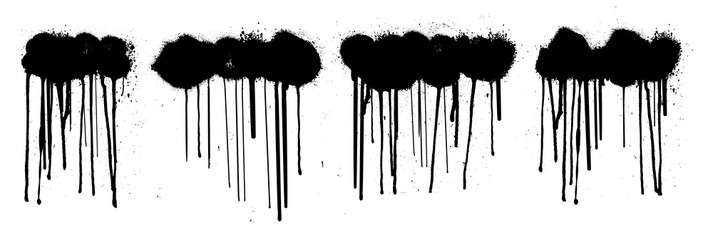 Graffiti spray template. Dirty paint clound splashes and drip lines grunge. Stencil graffiti spray isolated on white background. Black graffiti clound with splashes, smudges and drops. Vector set - obrazy, fototapety, plakaty