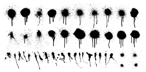 Black ink spots and blots with drip lines grunge isolated on white background. Grunge texture template. Street graffiti elements with splashes and spray effect. Vector ink spots and blots collection