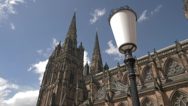 Lichfield Cathedral on sunny day in summer, Lichfield, Staffordshire, England, United Kingdom, Europe