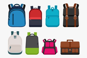Set of kids School backpack education equipment vector illustration