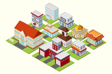 Modern isometric buildings collection with different object vector illustration