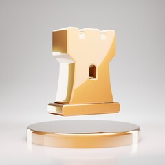 Chess Rook icon. Yellow Gold Chess Rook symbol on golden podium.