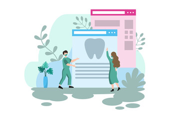 Dental Office Flat Color Illustration. Hospital interior with Workplace, Equipment, Instruments, Consultation, Treatment and Diagnosis