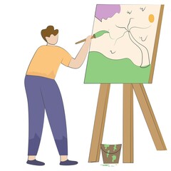 Young men painting with palette and brush vector illustration. men painting an abstract picture. Isolated flat vector illustration