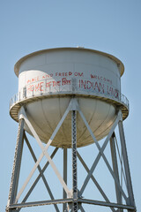 Alcatraz Island water tower storage tank. Native American free indian land historic sign and graffiti 