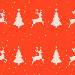 Seamless christmas pattern with reindeer and pine trees. Winter wallpaper design. Seasonal background in red and white. Fun xmas concept, holiday greetings. - 407339993