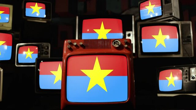 Flag of the National Front for the Liberation of Southern Vietnam (Viet Cong) and Vintage Televisions.  