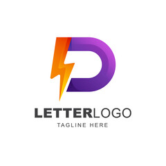 Letter D logo design with thunderbolt energy shape