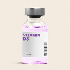 Vitamin D3 injection in a glass bottle with purple liquid