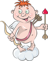A funny cupid with a bow, arrows stands on a cloud and smiles in a cartoon style, isolated on a white background. Cupid with wings, with an arrow in the form of a heart. Vector illustration.