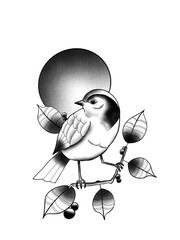 Bird on a branch in front on the sun or moon 