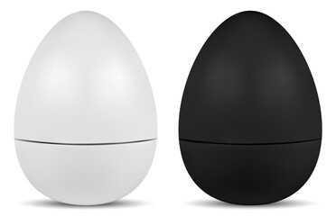 Egg shape lip balm cosmetic container, face cream jar round pack. Face creme or powder product mockup, white and black plastic pot. Beauty lotion bottle 3d template, front view