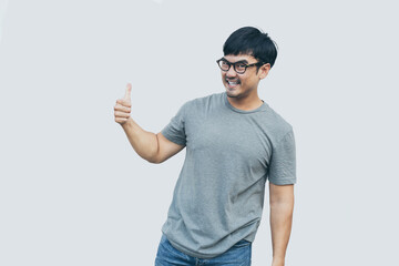 adult asian man.young male person wear eye glasses.posing smiling laughing look excited surprised thinking positive happy.empty,copy space for text advertising.white background.attractive fashion