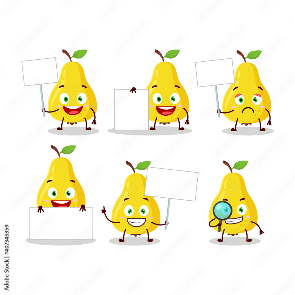 Canvas Prints Yellow pear cartoon character bring information board