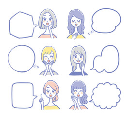 会話する女性とフキダシのセット