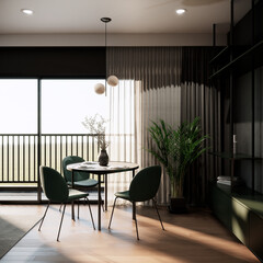 modern classic green room mock up interior design. the room have round dining table and balcony. 3D background illustration