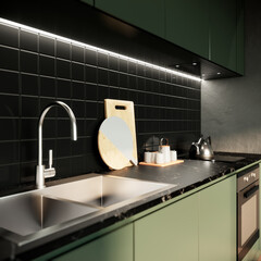 Fototapeta na wymiar modern green kitchen mock up interior design. contemporary apartment concept. 3D background illustration